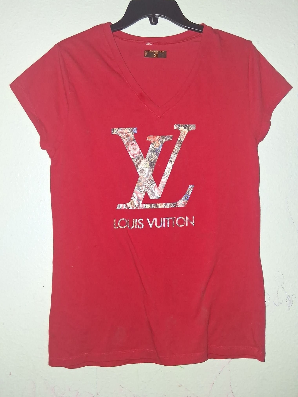 Louis Vuitton Red V-Neck Floral Logo Tee